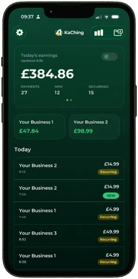 KaChing home screen showing today's earnings and live payments